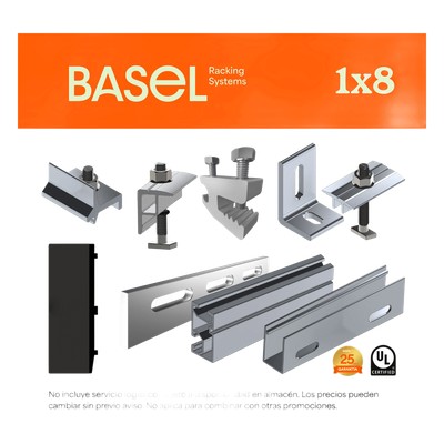 Sistema de Montaje Solar BASEL / Flat Roof Single Row / 8 Módulos / 140 km/h Viento / Riel N-S 2.14 m / Inclinación 15°
