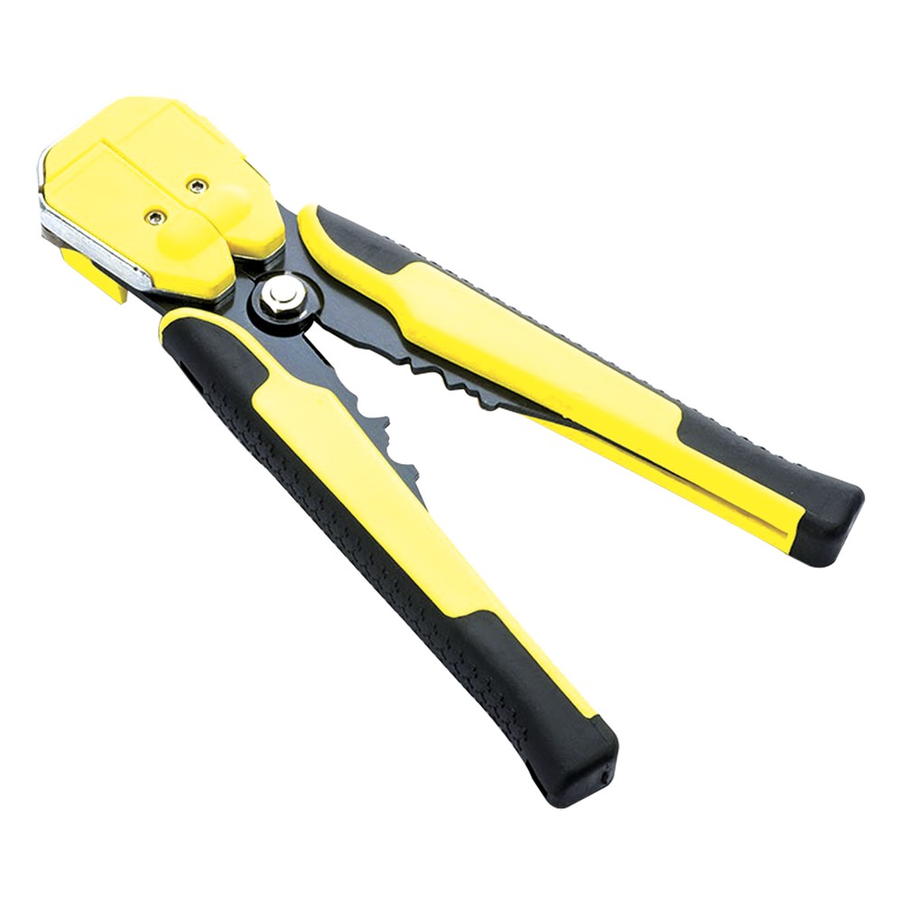 Pinza multifuncional Pelacables, con terminal de pestaña, prensado automático de color amarillo.