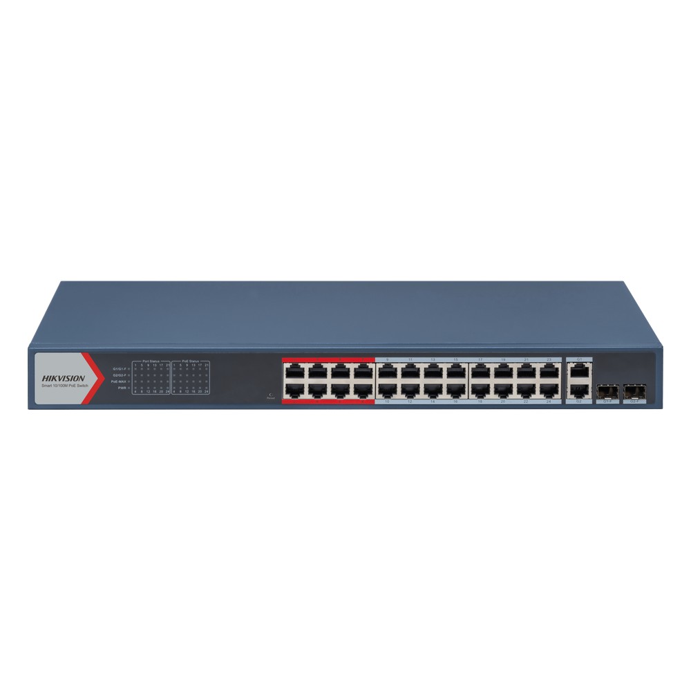 Switch PoE+ Administrable / 24 Puertos 10/100 Mbps PoE+ / 2 Puertos Gigabit Combo / 370 W / Modo Extendido 300 m / Hik-P
