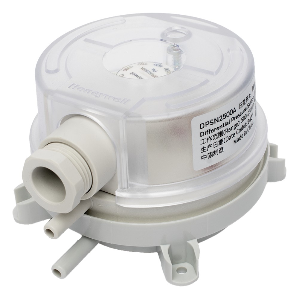 Presostato diferencial de aire para ductos con ajuste por perilla, rango 500 a 2500 Pa, contacto SPDT, para monitoreo de