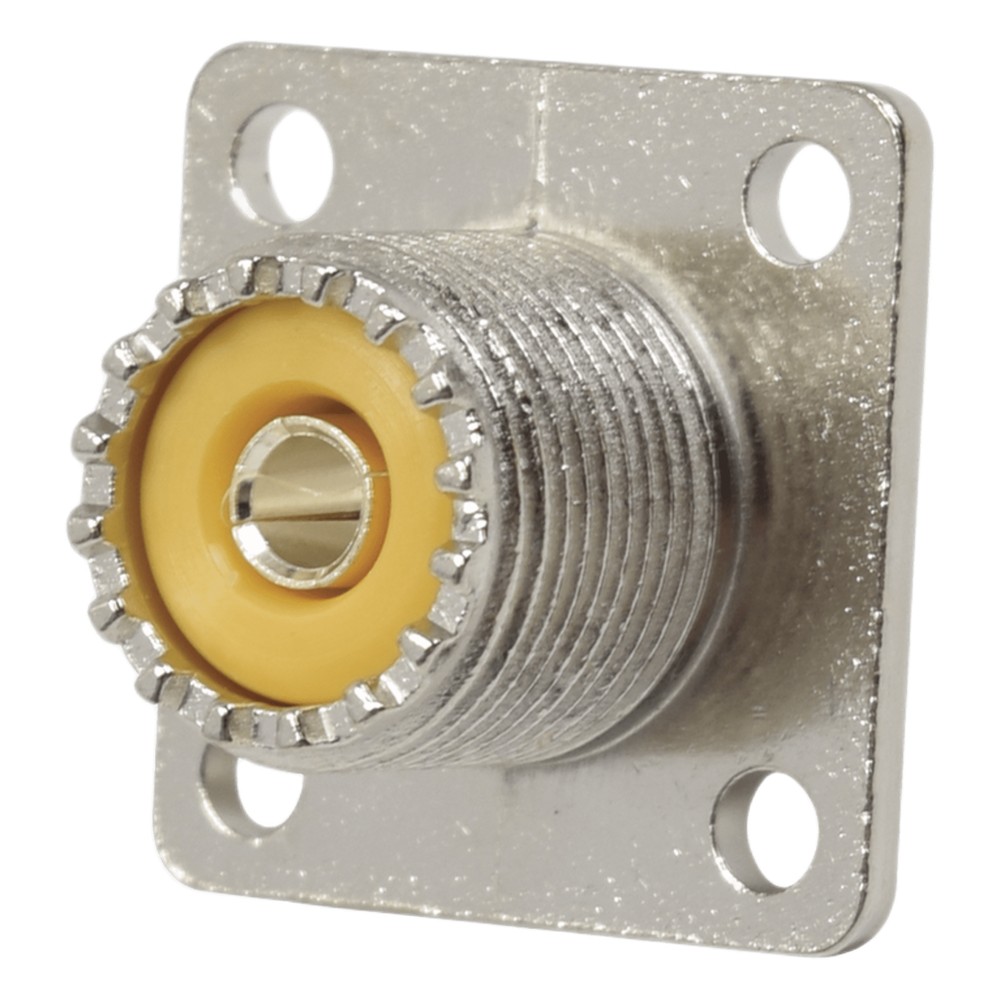 Conector UHF Hembra (SO-239), para Montaje en Chasis con 4 perforaciones a 18 mm, Terminal Soldable, Níquel/ Plata/ Delr
