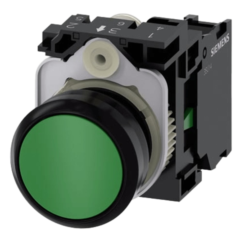 Botón 3SU11000AB401BA0 Sirius 22mm, Color Verde, Incluye soporte y contacto Normalmente Abierto.