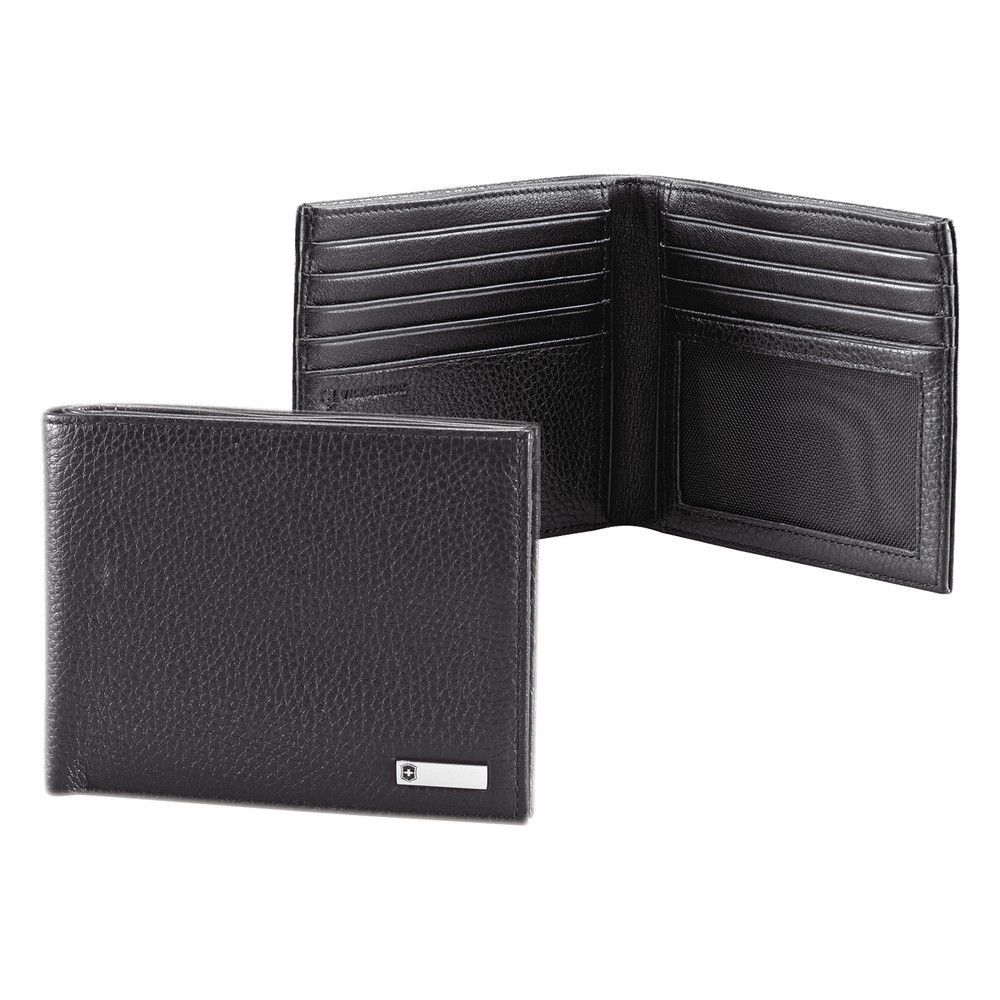 Cartera Barcelona Negra de Piel Rugosa de Doble Pliegue y Divisor de Billetes. Pocket Wallet.