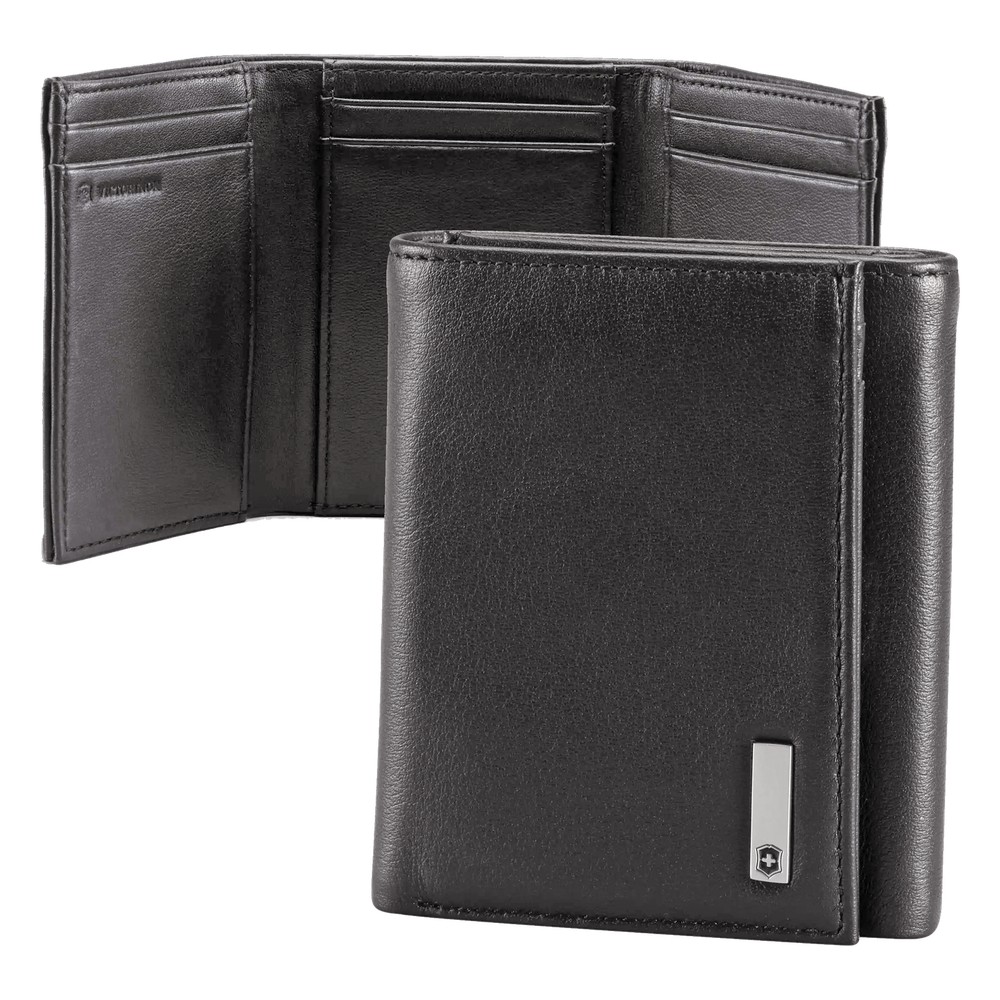 Cartera Athens Negra de Piel con Compartimento de Micromalla para ID. Doblable en 3 Partes con Divisor de Billetes. Pock