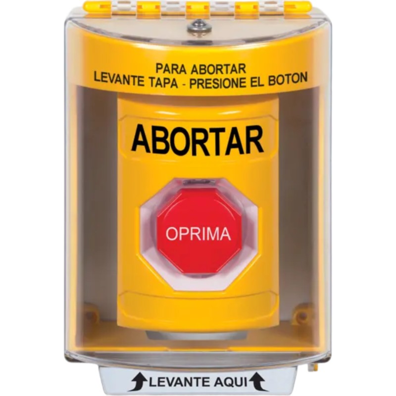 Botón de Abortar, Texto en Español, Tapa Protectora de Policarbonato Súper Resistente, Momentáneo