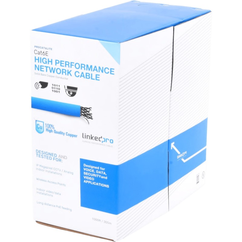 Bobina de Cable de 305 Metros (1000 Pies) Cat6, CM, 24 AWG, Alto Rendimiento, ETL, UL, Color Azul, Super Flexible, para 