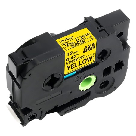 Cartucho de etiquetas laminadas, Negro sobre Amarillo, Ancho (1/2) 12mm x 8mts. Para impresora LPLAP1000, Apto para Brot