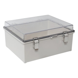 Gabinete Plástico ABS, Puerta Transparente, Uso en Intemperie (350 x 460 x 160 mm) Cierre por Broches Inoxidables y Perm