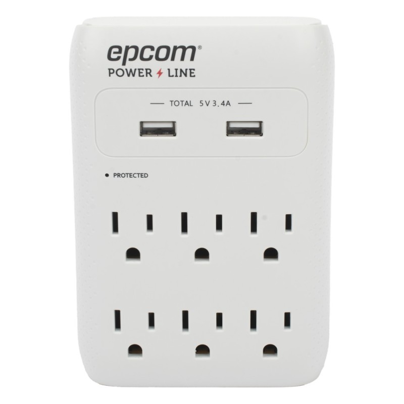Multicontacto de Pared 110 Vca / Supresor de Picos 1080 Joules / 6 x Nema 5-15P / 2 x USB (5V @3.4A)