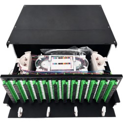 Distribuidor de Fibra Óptica (ODF) para 144 Empalmes, con 144 Acopladores SC/APC y 144 Pigtails SC/APC, para Rack de 19,