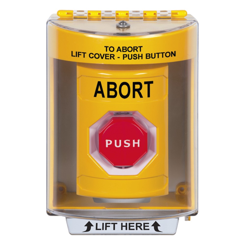 Botón de Abortar, Texto en Ingles, Tapa Protectora de Policarbonato Sú
